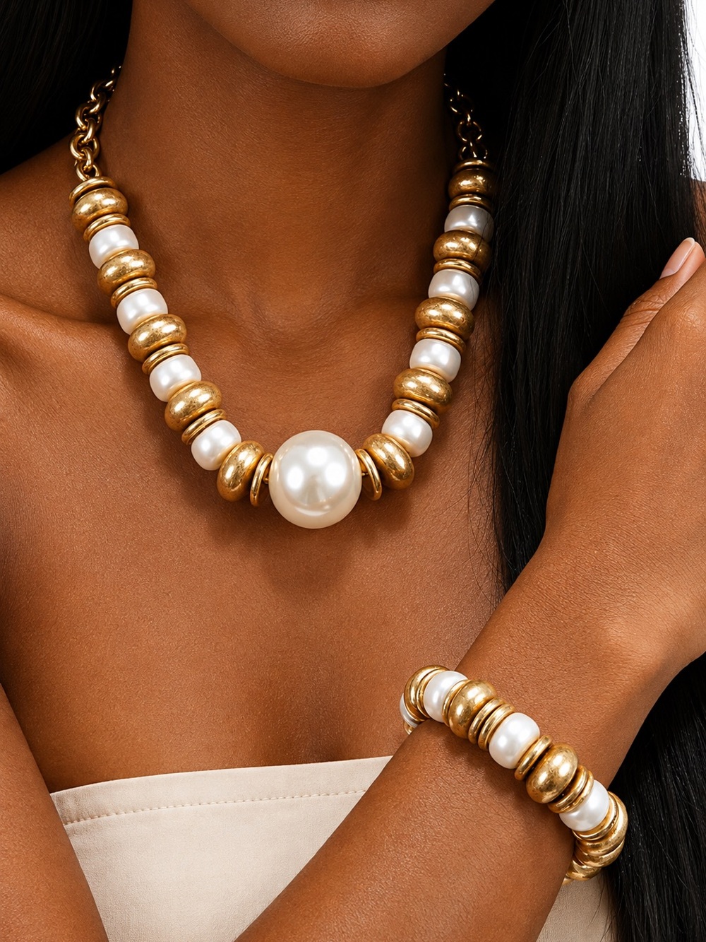 Gold and White Pearl accent Bead Necklace with Matching Bracelet - Picture 4 of 7